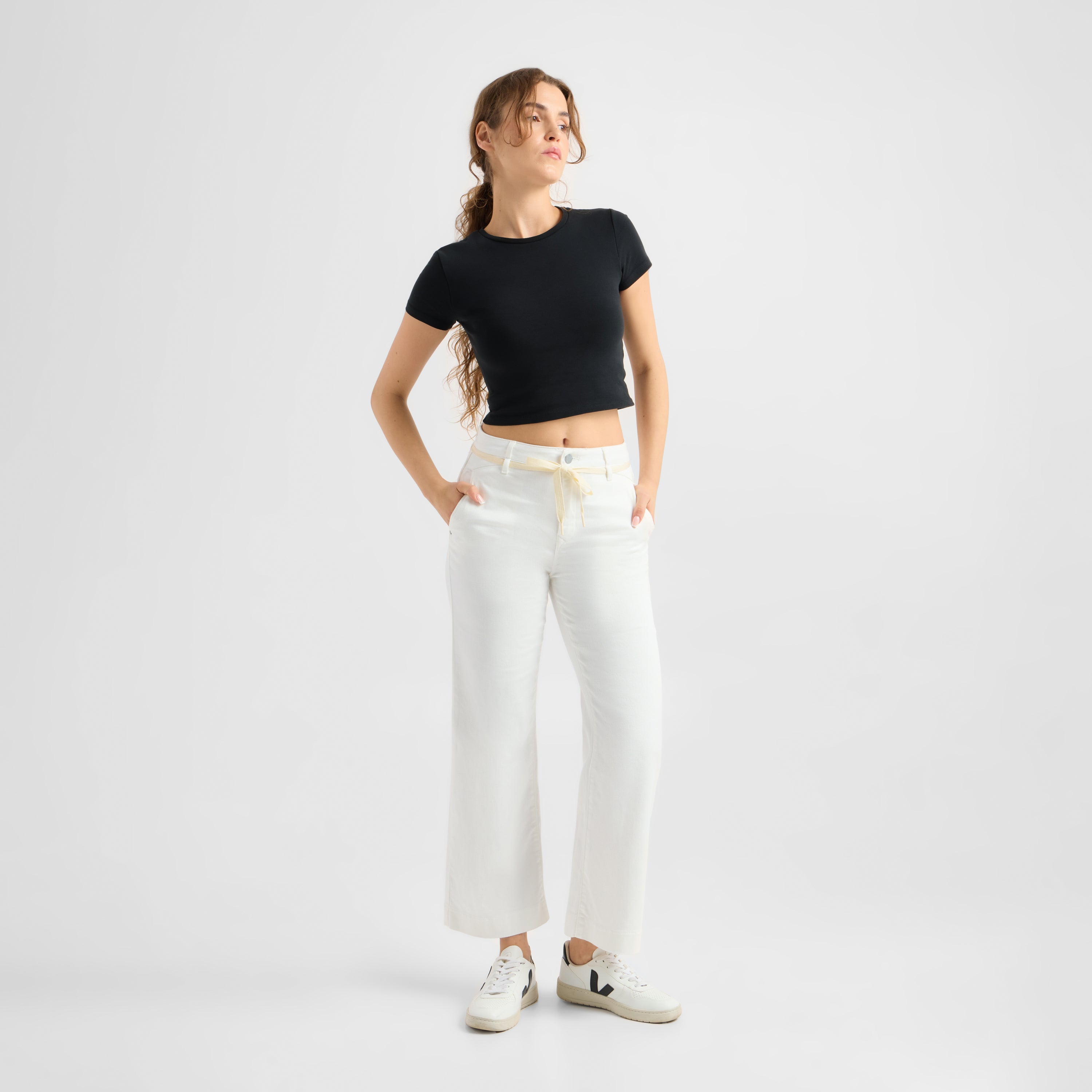 DEW Flared Cropped Soft Denim - French Pocket - White Denim