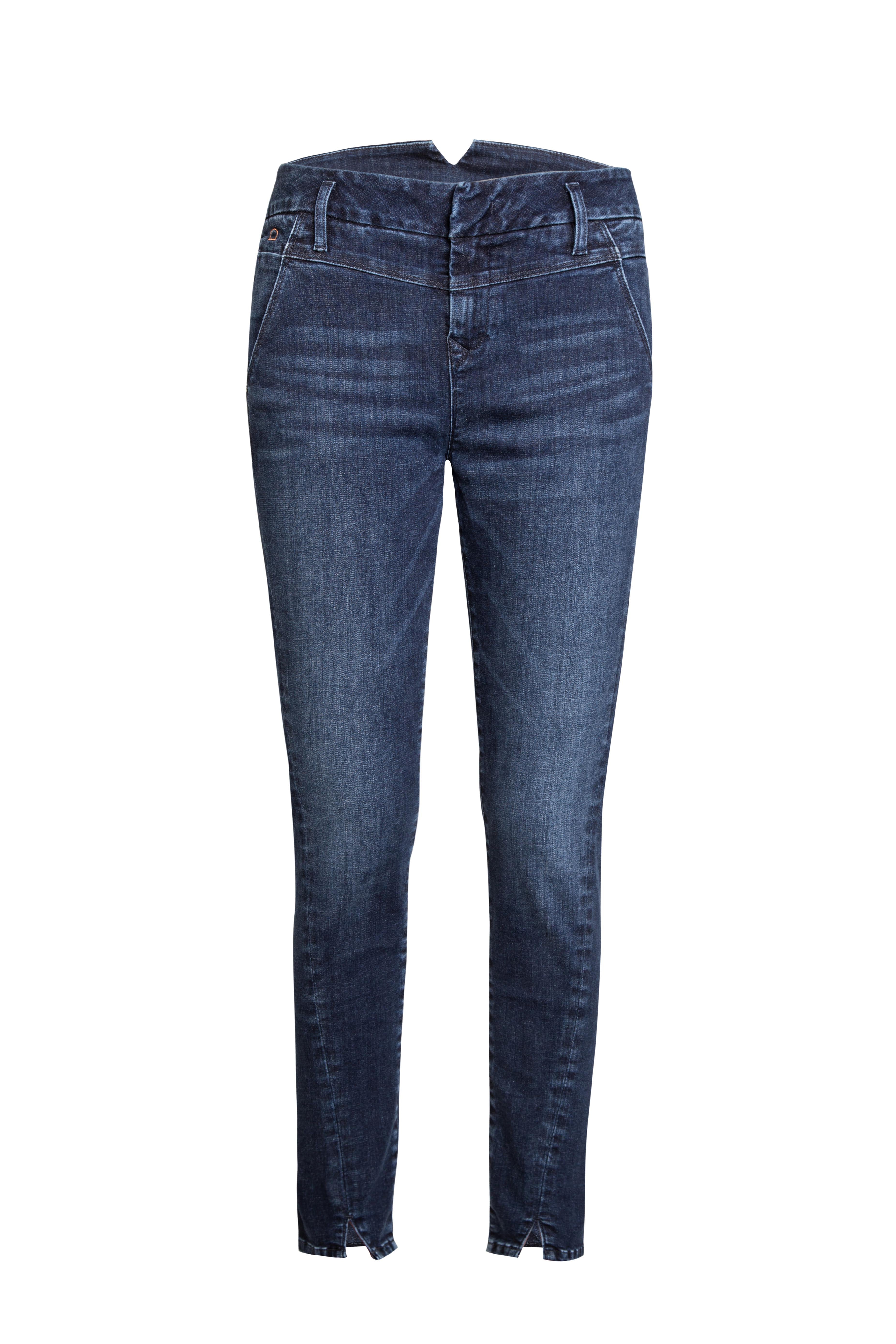 Dunkelblaue SUN UP Skinny Jeans – Frontansicht, sitzt mittig auf der Hüfte, mit schräger Außennaht und Schlitz am Saum (Powerstretch).