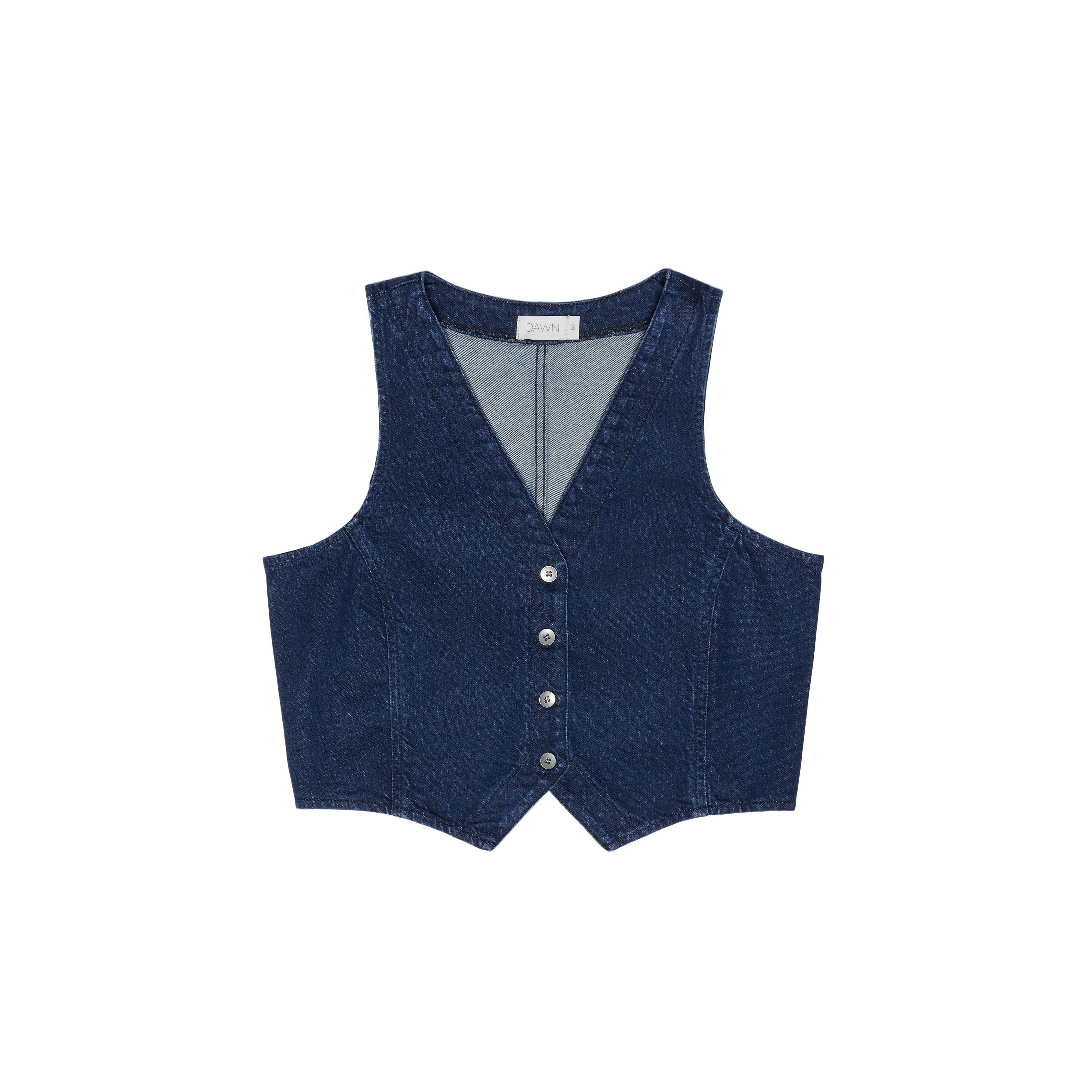 Dunkelblaue Denim-Weste ASTRA mit V-Ausschnitt, Knopfleiste und tailliertem Schnitt; Frontansicht eines cropped Bio-Denim-Vests mit leichtem Stretch.