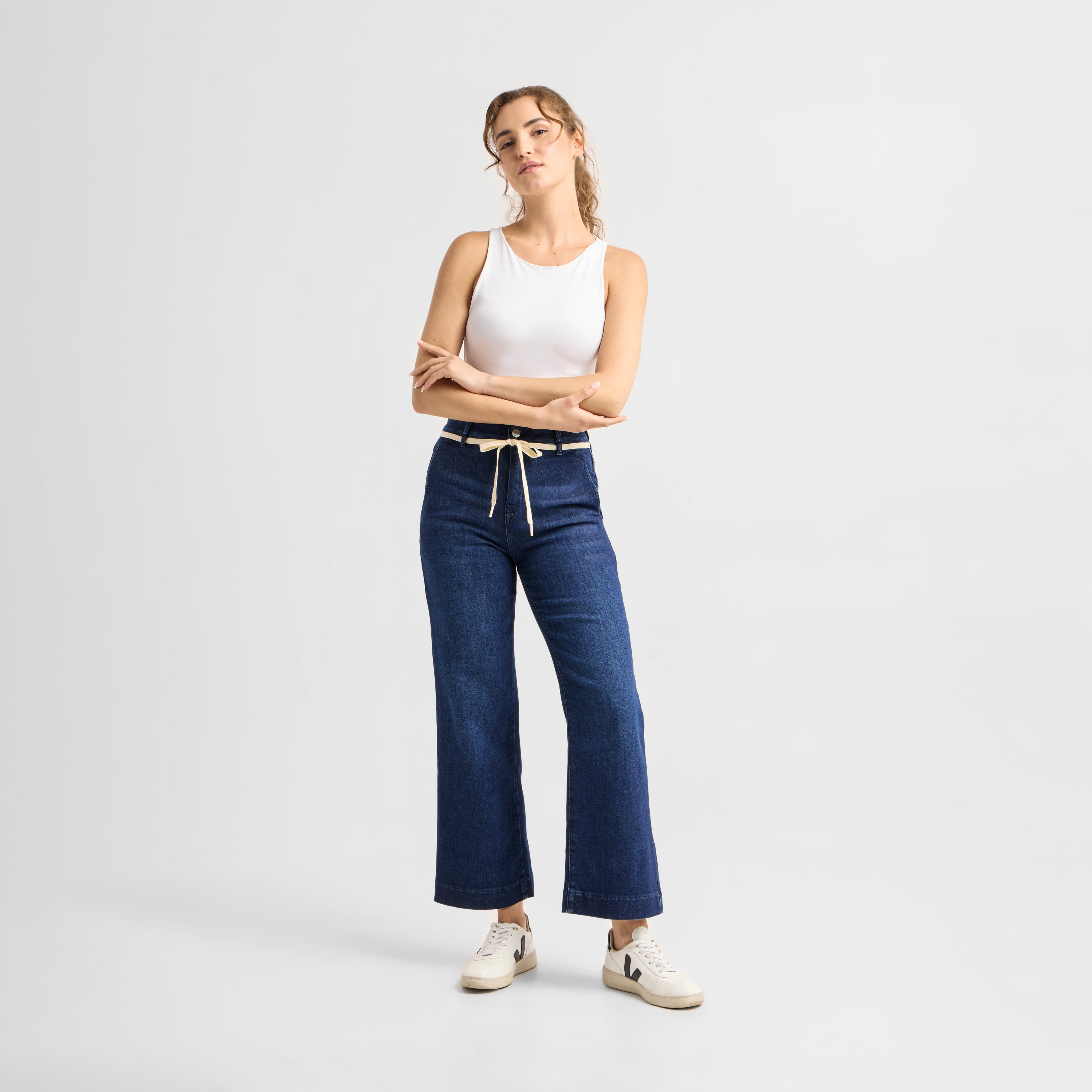 DEW Flared Cropped Soft Denim - French Pocket - Dark Blue