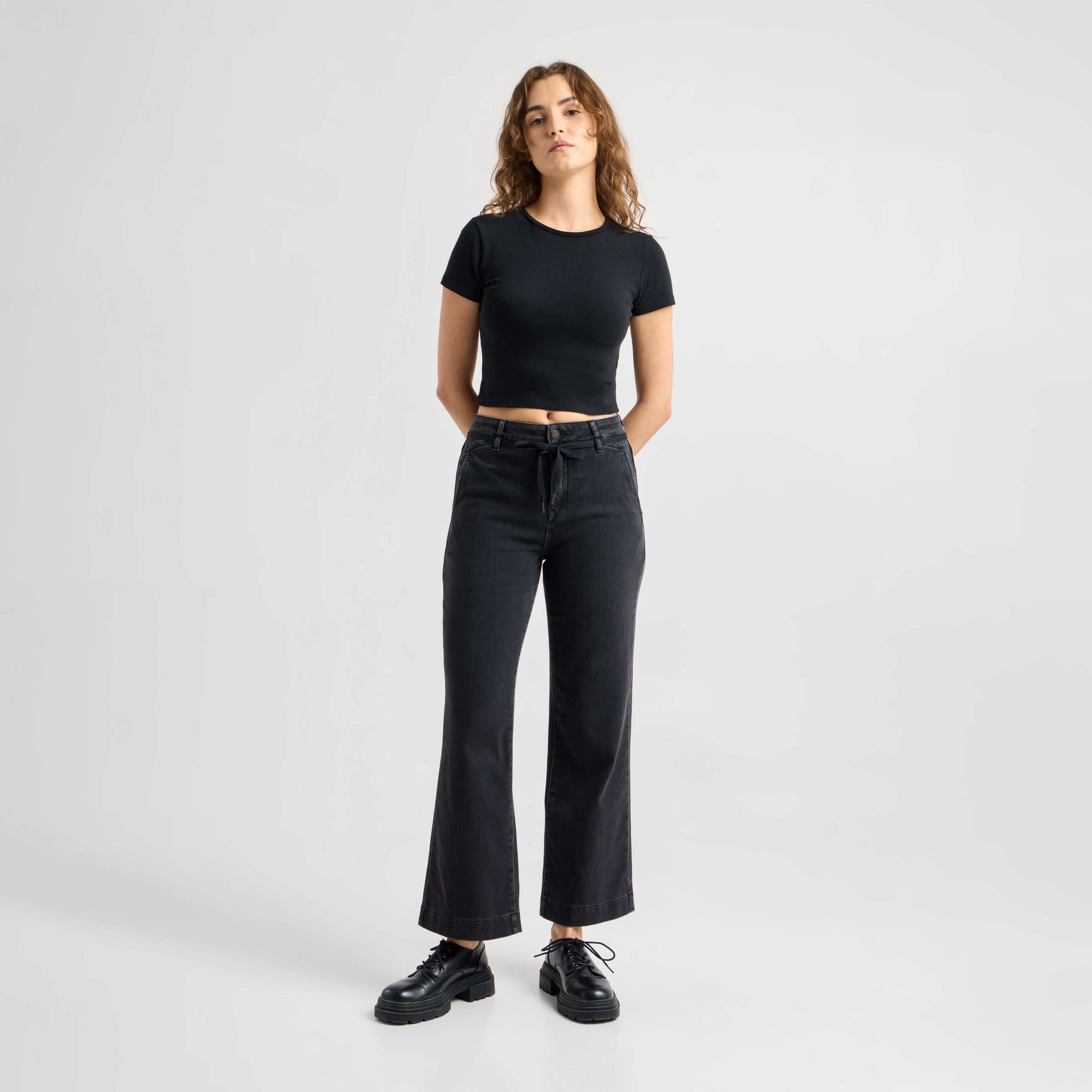 DEW Flared Cropped Soft Denim - French Pocket - Black Denim