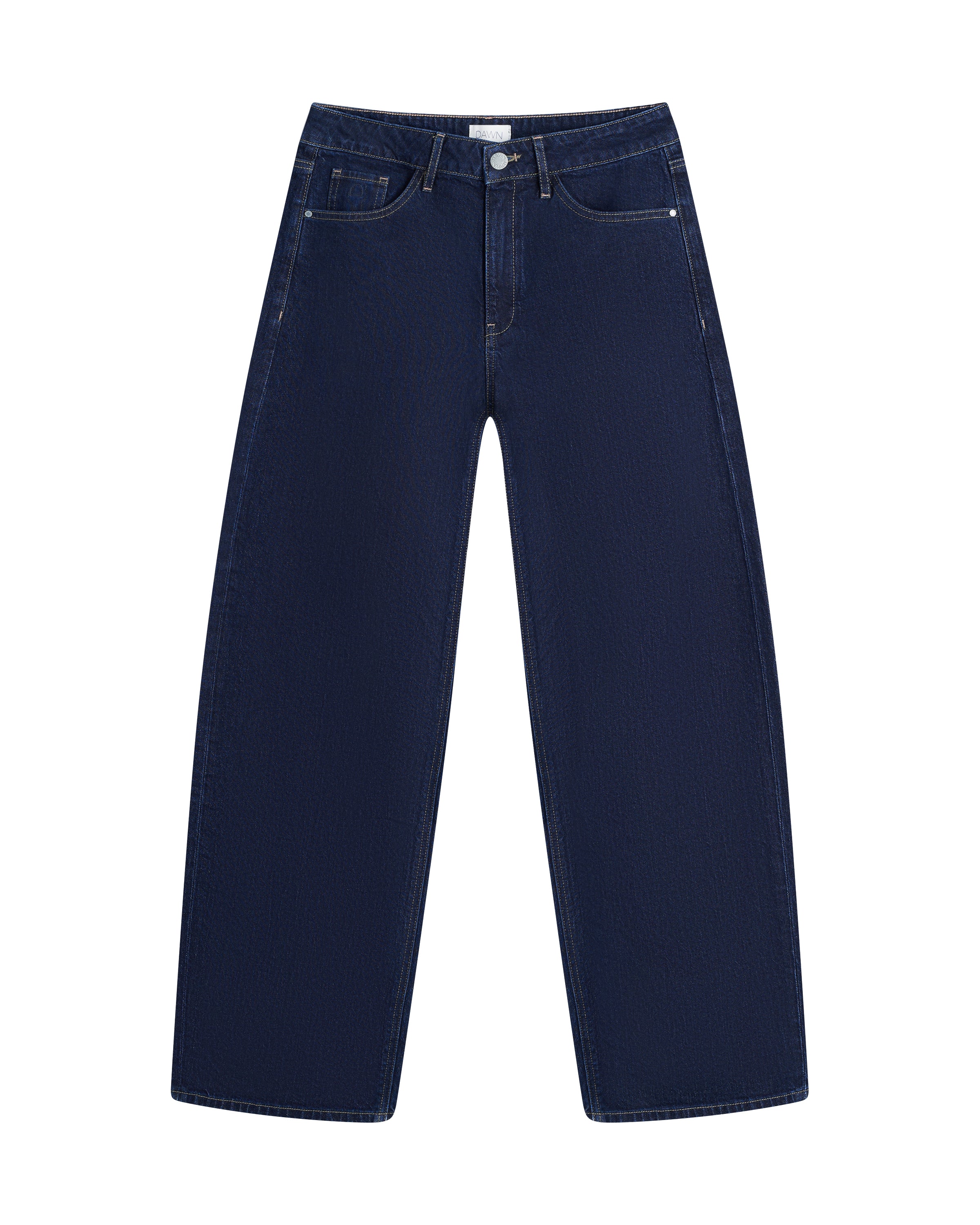 Dunkelblaue ASH Barrel-Leg Minimal-Stretch Jeans, mittelhohe Taille, 5-Pocket-Design, weite Oberschenkel, schmaler Saum.