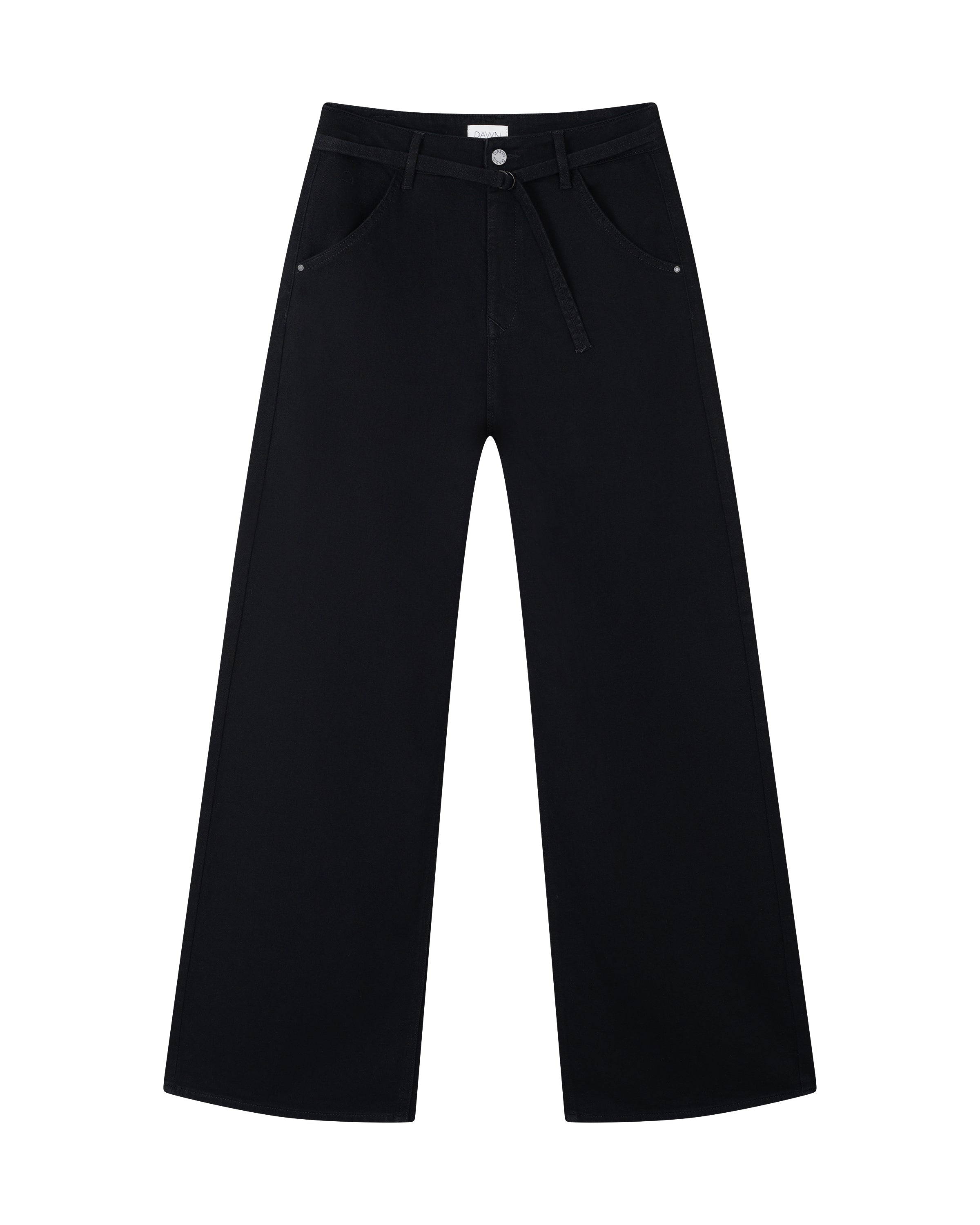 Schwarze BLINK Wide Barrel Jeans mit hohem Bund, weitem Beinverlauf und abnehmbarem Gürtel (Frontansicht).