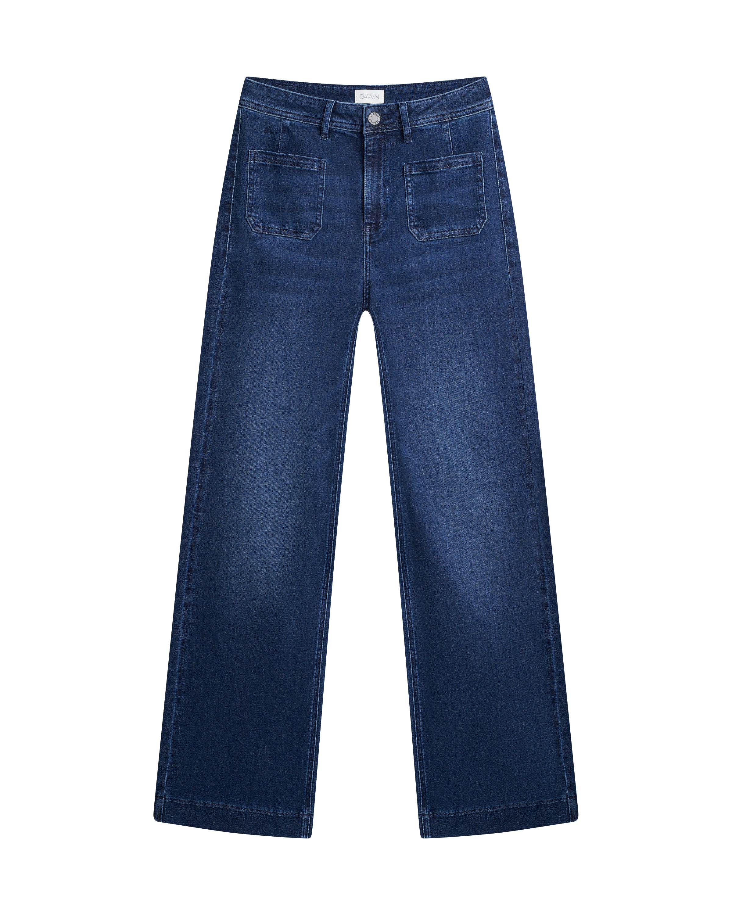 Dunkelblaue DEW Sailor Flared-Jeans mit hohem Bund und aufgesetzten Taschen vorne und hinten, aus Organic Soft Denim.