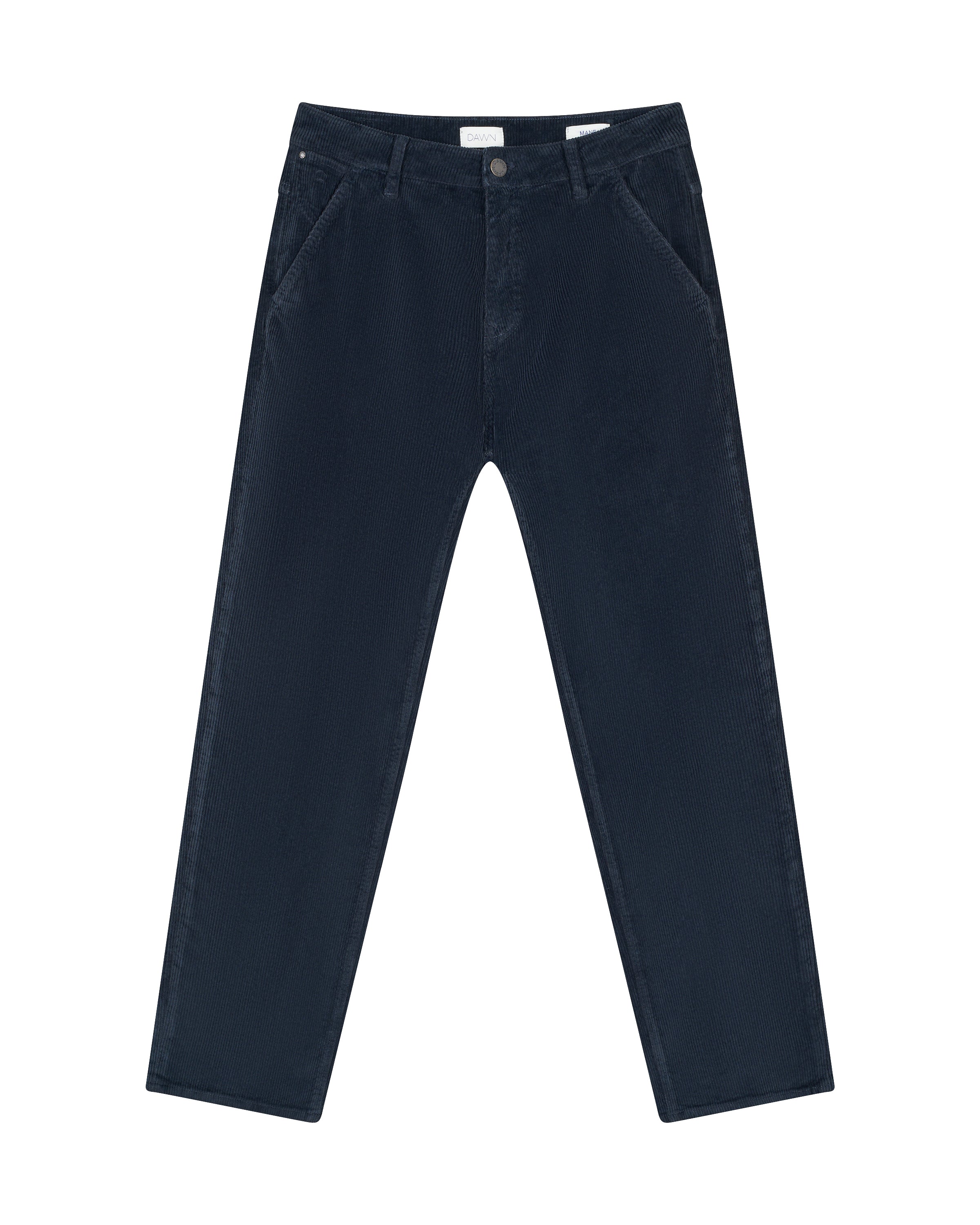 Vorderansicht: Dunkelblaue MANE Relaxed Straight Corduroy Hose für Herren, locker sitzend, mittelhoher Bund, gerader Beinverlauf, schräge Fronttaschen.